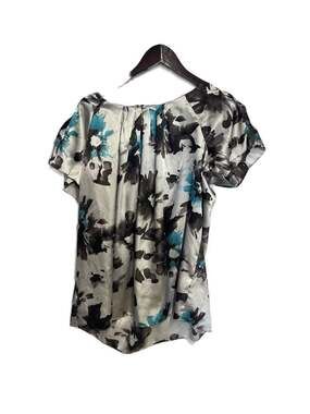 Metro 7 Floral Print Satin Short Sleeve Pleated Blouse